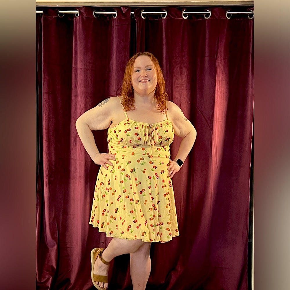 SHEIN MOD Plus Size Women Summer Cherry Print Front Tie Cami Dress